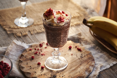 Homemade chia pudding in a glass cup on a tableの写真素材