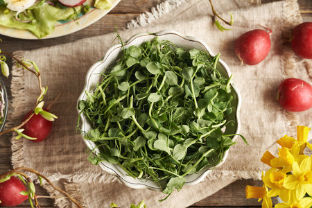 Fresh pea shoots or microgreens in a bowl on a table in spring, top viewの写真素材