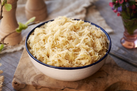 Fermented cabbage or sauerkraut in a bowlの写真素材