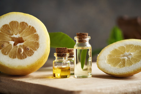 Bottles of aromatherapy essential oil with fresh lemon fruit and leaves, closeupの写真素材