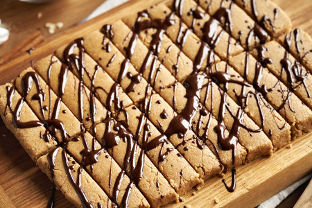 Homemade snack bars made with whey protein powder, decorated with chocolateの写真素材