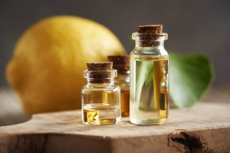 Bottles of aromatherapy essential oil with fresh lemonの写真素材