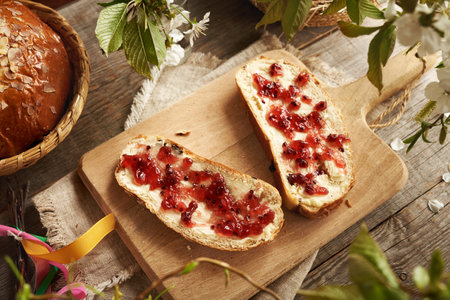 Mazanec, Czech sweet Easter pastry, with butter and red currant marmaladeの写真素材