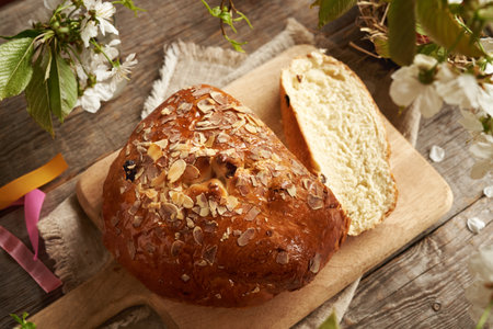 Mazanec, Czech sweet Easter pastry, with cherry blossoms in springtimeの写真素材