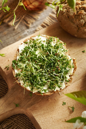 Hhomegrown garden cress sprouts or microgreens on a bun with butterの写真素材