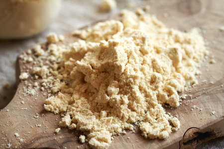 A heap of whey protein powder on a wooden tableの写真素材