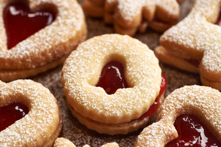 Closeup of homemade Linzer Christmas cookies filled with red marmaladeの写真素材