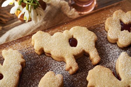 Linzer cookie in the shape of Easter lamb filled with red marmalade and dusted with sugarの写真素材