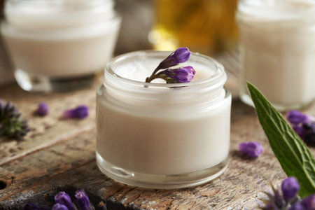 A glass jar of homemade comfrey root ointment with fresh blooming plantの写真素材