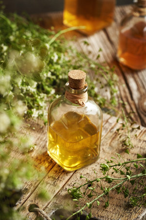 A transparent glass bottle of herbal tincture with fresh blooming shepherd's purse plantの写真素材