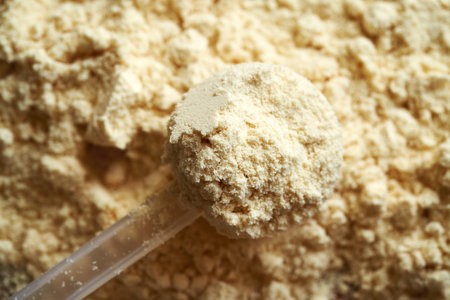 Whey protein powder - healthy nutritional supplement, top viewの写真素材