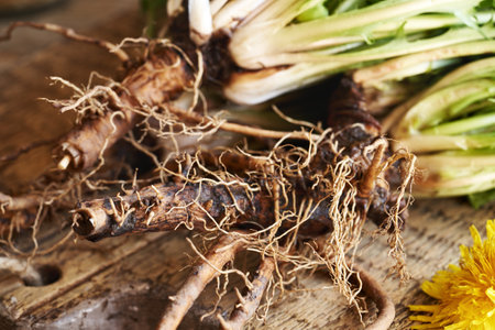 Fresh dandelion root collected in springの写真素材