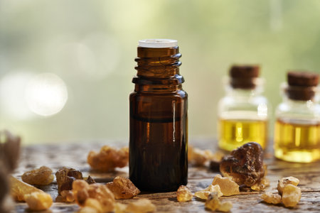 Frankincense essential oil in a glass bottleの写真素材