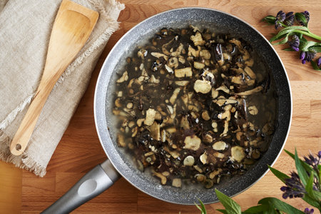 Preparation of homemade comfrey root ointment using rendered pork lard, top viewの写真素材