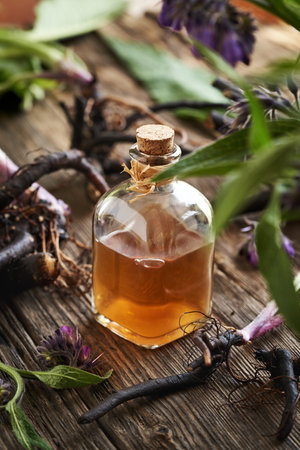 A bottle of  homemade herbal tincture with fresh knitbone or comfrey rootの写真素材