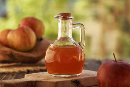 Apple cider vinegar in a glass bottleの写真素材