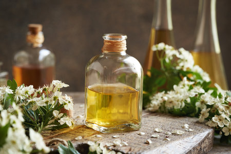 A bottle of herbal tincture with fresh hawthorn flowers harvested in springの写真素材