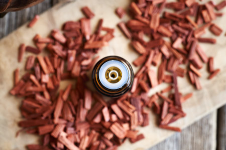 A bottle of essential oil with red sandalwood chips, top viewの写真素材