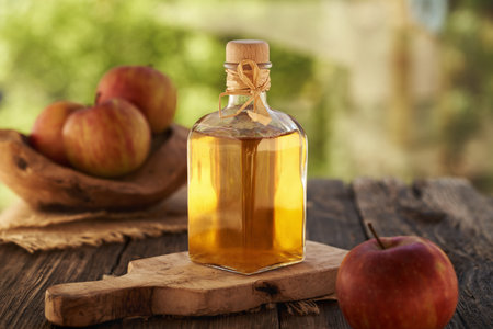 A glass bottle of apple cider vinegarの写真素材