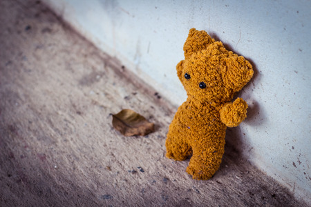 Teddy bear, teddy bear alone, teddy bear on a road have white background with shadow edge, alone .vintage tone.の写真素材
