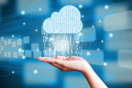 Business woman holding  digital cloud computing data  in hand.