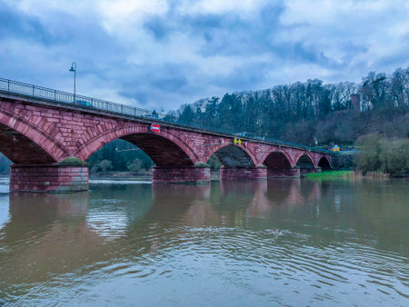 Main River red Bridge Germany, seen Road, park mountain trees forest green grassの写真素材