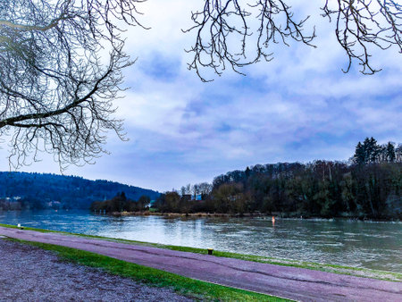 Main River red Germany, seen Road, park mountain trees forest green grassの写真素材