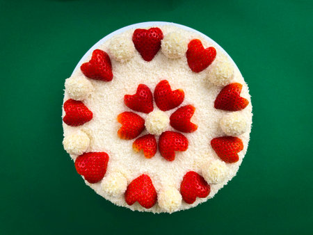 Valentines Day Anniversary Marriage Wedding Cake Raffaello with heart shaped strawberries desiccated flan coconutの写真素材