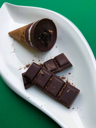 chocolate ice cream in waffle cones. Served on white plate on green background with dark bitter...