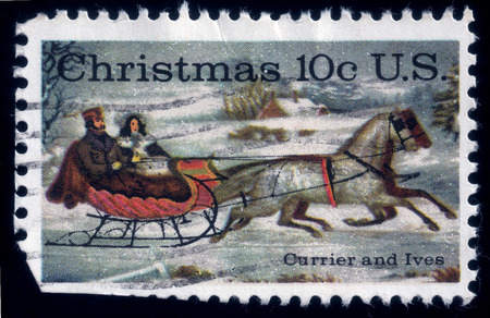 Couple runs fast on a sleigh in Winter. Currier and Ivesの写真素材