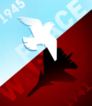 Peace and war vector illustration. 9th May - Russian holiday. 1941 - 1945. Pigeons. Plane. Vector template for greeting card or poster.のイラスト素材