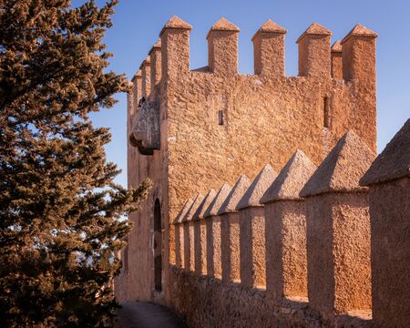 Pilgrimage church of Sant Salvador, interior wall and turret, with walkway and large tree in foreground, Arta, Mallorca, Spain.の写真素材