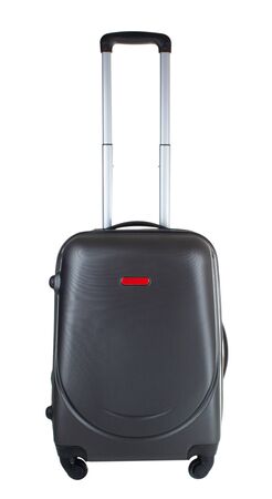 suitcase with long telescopic handle isolated on white backgroundの写真素材