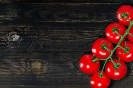 Tomato branch on dark vintage wooden plank backgroundの写真素材