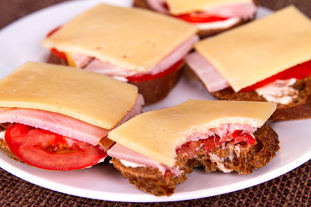 Bitten sandwich with rye bread, tomatoes, ham and cheese on white plateの写真素材