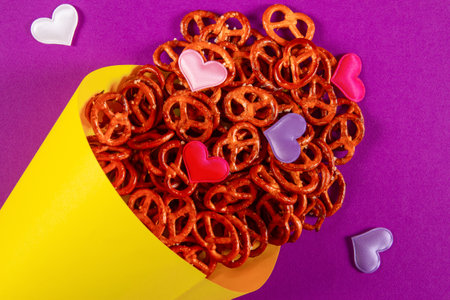 Mini pretzels and small colorful hearts in yellow paper cone lie on purple background close-up. love pretzel conceptの写真素材