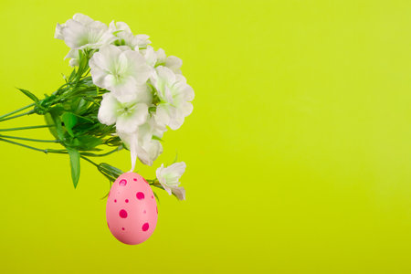Charming depiction of Easter festivities, showcasing pink egg painted in polka dots and swinging from a branch in full bloom, contrasted against a vivid green backdropの写真素材