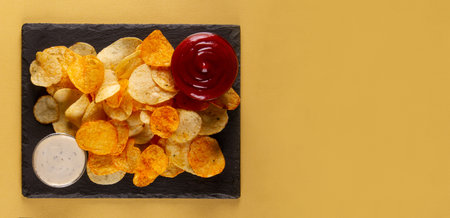 Thin and crispy potato chips with savory white and tangy red dipping sauce on yellow backgroundの写真素材