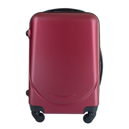 Front view of purple suitcase isolated on white background with clipping path, large polycarbonate baggage case, huge plastic travel bagの写真素材