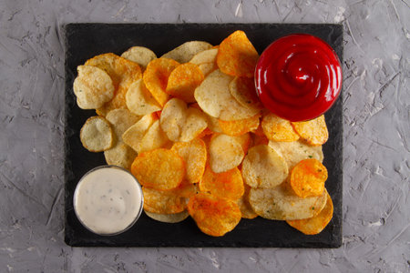 Top view of heap of potato chips with two dipping sauces on black slate serving board on gray plaster table. Classic Party Snacksの写真素材