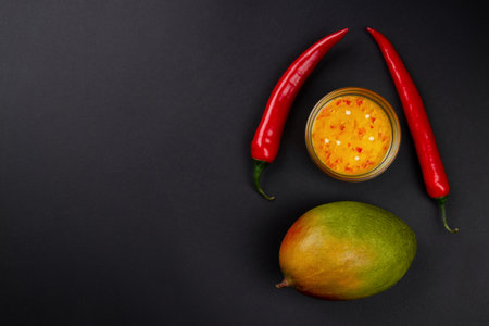Mango, chili and mango chili sauce on dark gray background with free space for textの写真素材