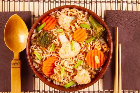 Asian food vegetarian udon noodles with vegetablesの写真素材