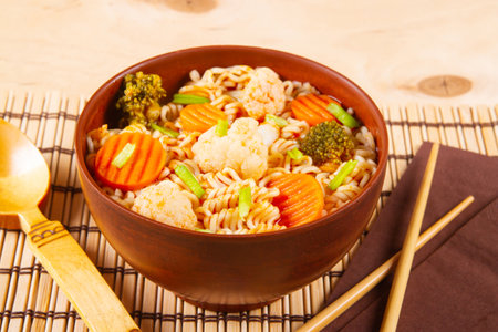 Traditional Asian instant noodles accompanied by vegetables placed on wooden backdrop.の写真素材