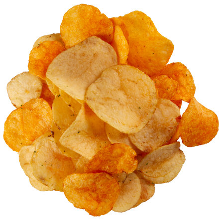 Heap of potato chips isolated on white background. Mouthwatering chip that is coated in a savory and spicy seasoningの写真素材