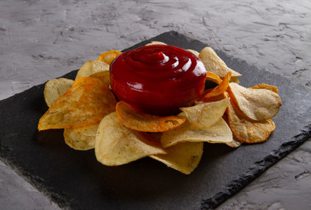Side view of heap of potato chips with red dipping sauce on black slate serving board on gray plaster table. Simple and Delicious Snacksの写真素材