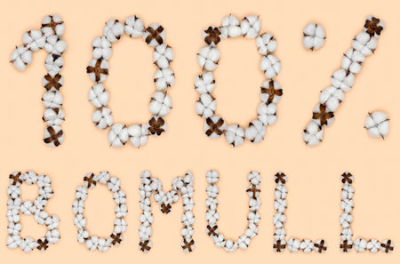 Lettering 100% Bomull from Norwegian or Swedish language means cotton, made of cotton flowers. Concept of organic raw materials.の写真素材