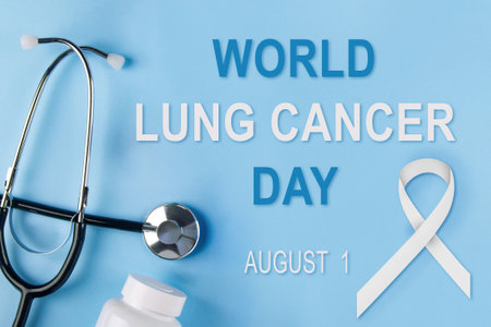 World Lung Cancer Day Poster Design with, white cancer awareness ribbon, Stethoscope, vial of pills and inscription of name of event and annual date August 1の写真素材