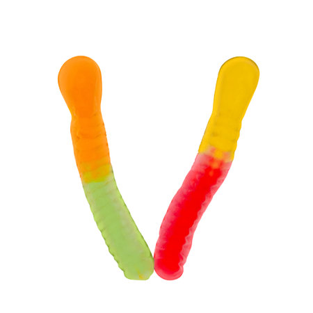 Letter V made of multicolored gummi worms and isolated on pure white background. Food alphabet concept. One letter of the set of sweet food font easy to stackingの写真素材