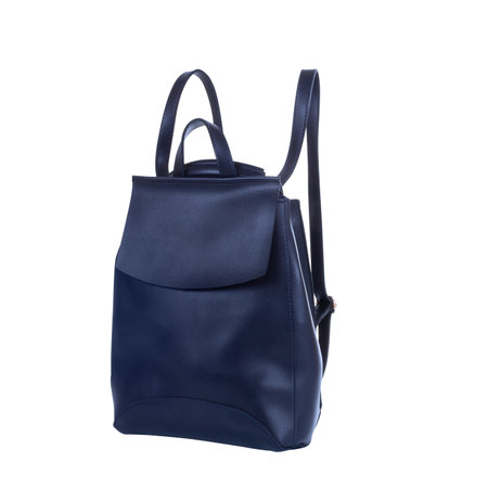 Front side of leather blue backpack isolated on white backgroundの写真素材