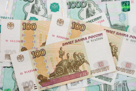 Background of scattered banknotes - Russian ruble different denominationsの写真素材